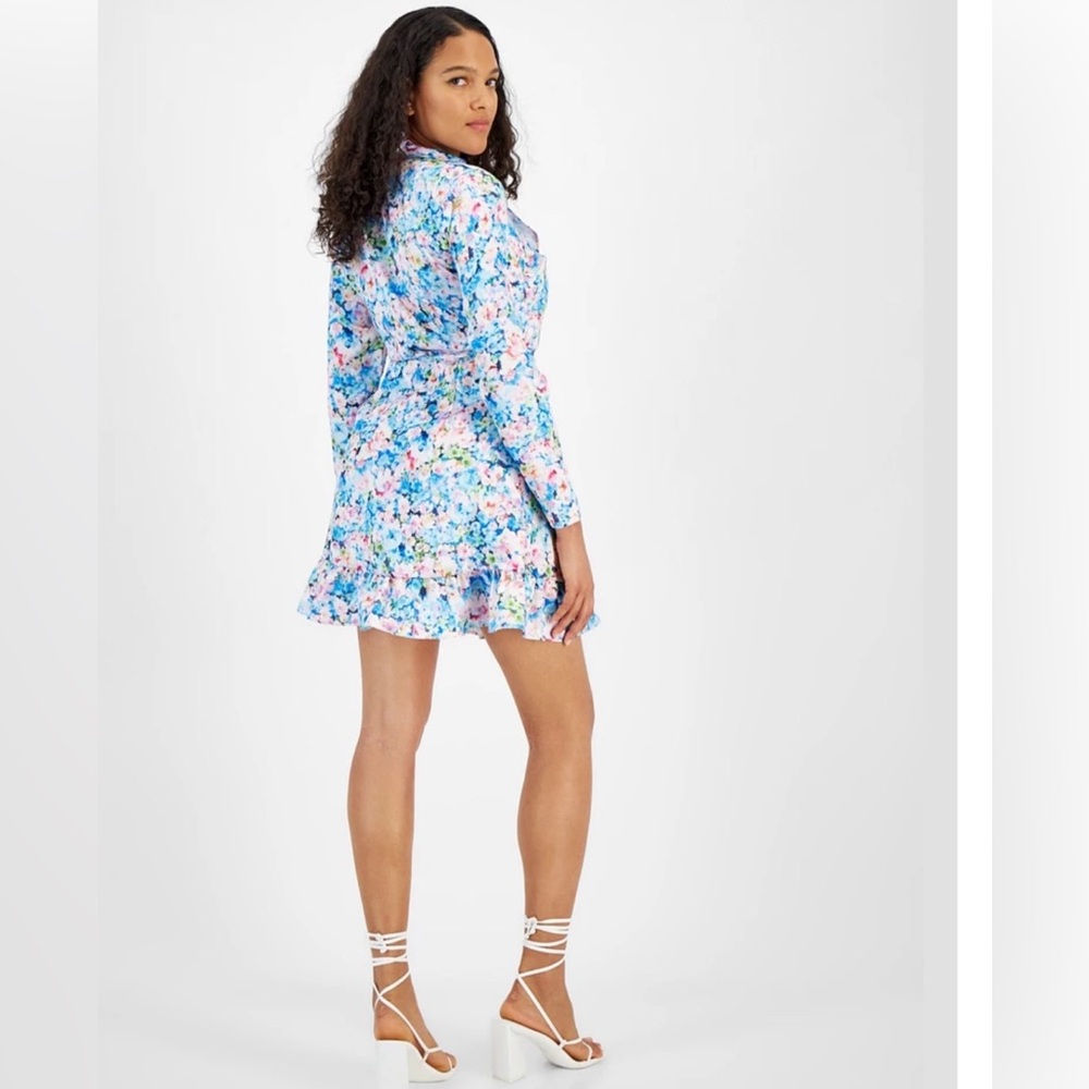 BAR III Petite Floral-Print Ruffled Tie-Waist Satin Wrap Dress Size MP - Picture 3 of 12